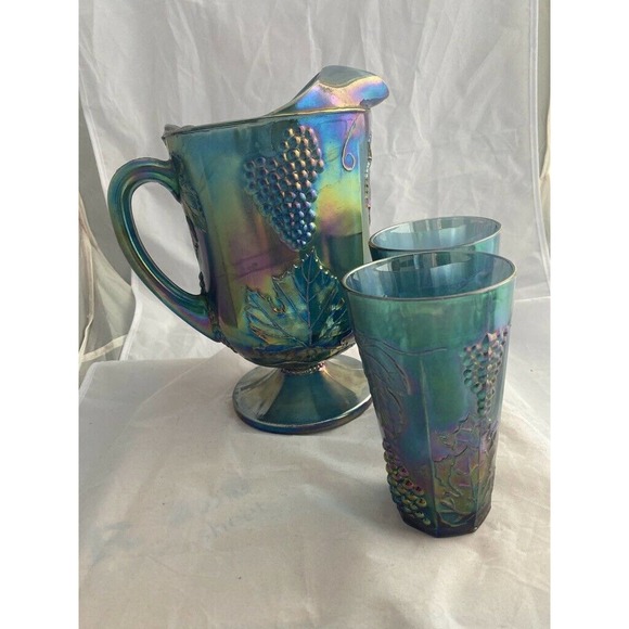 Indiana Glass Other - Blue Carnival Glass Pitcher and 2 Matching Glasses Glassware Vintage Glass Aqua